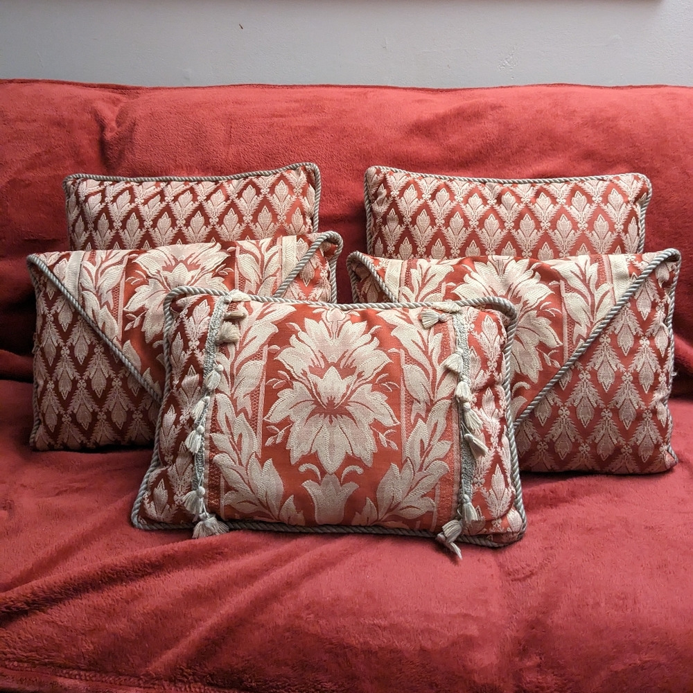 Five Piece Luxury Damask Jacquard Cayenne Red and Cream Throw Pillows